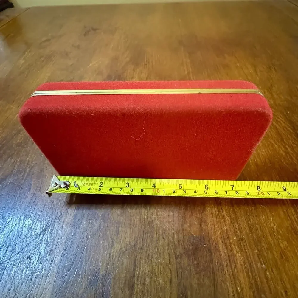Vintage Red Velvet Jewelry Box Hinged Silver Tone Trim Mid Century 7.5”